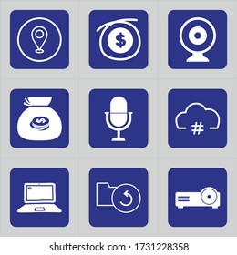 Conjunto de 9 íconos como ubicación, marca, banco, ganancias, coste, negocios, dinero, bolsa, finanzas