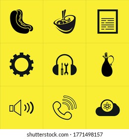 Set of 9 icons such as lunch, salad, shadow, hotdog, upload