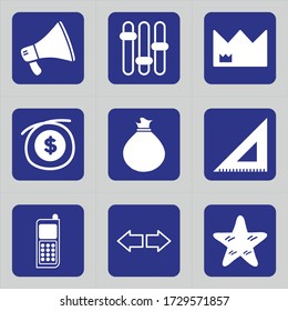 Set of 9 icons such as megaphone, round, advertising, bullhorn, announcement, mountain, environment, landscape, crown