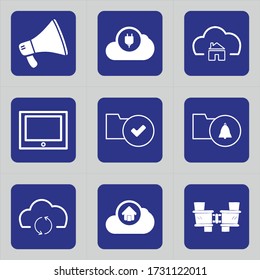 Set of 9 icons such as megaphone, round, advertising, bullhorn, announcement, cloud, plug, power, cloud computing