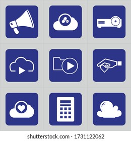 Set of 9 icons such as megaphone, round, advertising, bullhorn, announcement, cloud, surveillance camera, security camera, theatre