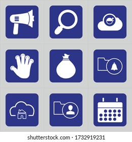 Set of 9 icons such as megaphone, speaker, attention, advertising, noisy, bullhorn, add, search