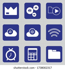 Set of 9 icons such as mountain, environment, landscape, crown, play, mp3, folder, music, document