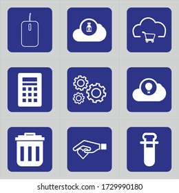 Set of 9 icons such as mouse, computer, cloud, drugs, medicine, market, market bag, stroller, shopping