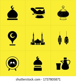 Set of 9 icons such as outline muslim, mosque, observances, mubarak, dusk, sheik, ultrarapid, travel rapidly