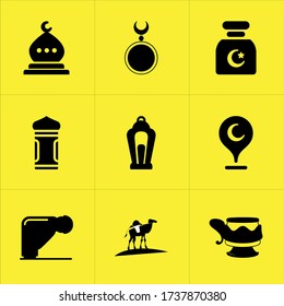 Set of 9 icons such as patti, hand shake, excitable, salam, torah, hajj, hajj pilgrimage