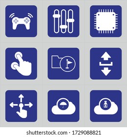 Set von 9 Icons wie Abspielen, Megaphon, Controller, ps, Gamepad, xbox, Finger, Zoom, klicken Sie