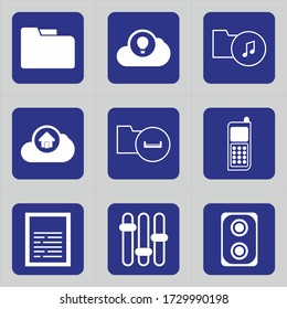 Set of 9 icons such as private, folder, file, document, x cross, cloud, air ballon, hot ballon, mp3