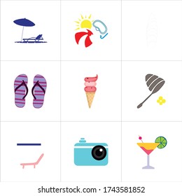 Set of 9 icons such as rest, blue, umbrella, beach, beach chair, summer, beach umbrella, sea, diving