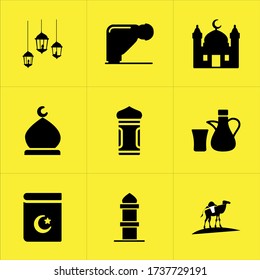 Set von 9 Icons wie Salat, raya, Kultur, verboten, Nierenschädigung, Fasten, Gewehr es, zentrale Java, furchtbar
