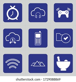 Set of 9 icons such as schedule, time, clock, cloud, download, computing, music, audio