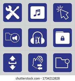 Set von 9 Icons wie Einstellungen, Computer, Tools, Tool, mp3, Note, Musik, Sänger, Musik