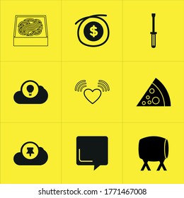 Set von 9 Symbolen wie Schatten, Upload, Passwort, Schloss, Saison, Verbindung, Teig