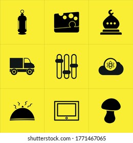 Set von 9 Symbolen wie Schatten, Upload, fröhlich, Gruß, Rosenkranz, Kleinkind, schön, Passwort