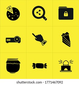Set of 9 icons such as shadow, upload, cheese, password, weather, lock, season, connection