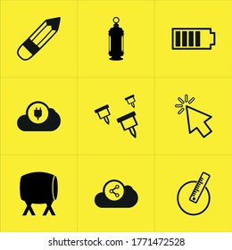 Set of 9 icons such as  shadow, upload, password, pen, drawing, weather, lock, season