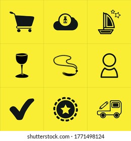 Conjunto de 9 iconos como sombra, carga, carrito, contraseña, bloqueo, conexión