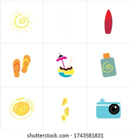 Set of 9 icons such as sun rays, brightness, sunshine, weather, sun, summer, energy, surf board, surfing