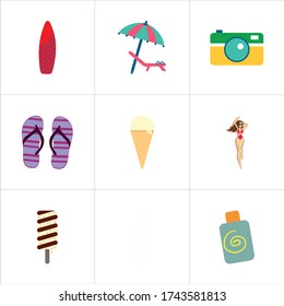Set of 9 icons such as surf, red, beach, sport, surfing board, holiday, extreme, summer, deck chair