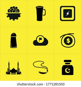 Conjunto de 9 iconos, como símbolo, desbordamiento, datos, sombra, flecha, carga, signo, flechas, nube