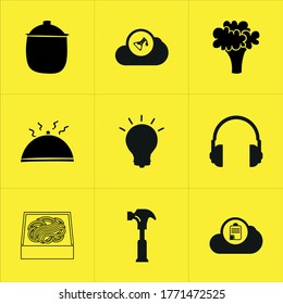 Conjunto de 9 iconos como símbolo, datos, sombra, flecha, carga, signo, flechas, nube