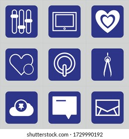 Juego de 9 iconos como tablet, tv, signo, pantalla, amor, pareja, doble, cuidado del corazón, favorito