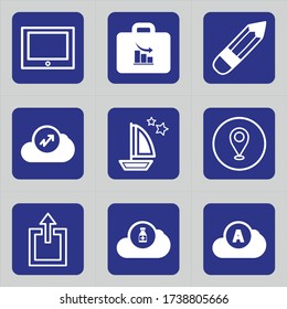 Set of 9 icons such as tablet, tv, sign, screen, diagram, suitcase, bag, chart, decrease