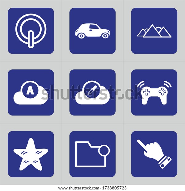 Set of 9 icons such as turn\
off, start, sign,  turn on, circle, automobile, auto, race,\
car