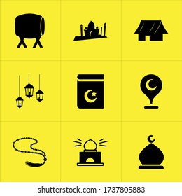 Conjunto de 9 íconos como umra, swiftlet, celebraciones, visa, yihad islámica, iraq, velocidad rara, viajes, cinco pilares del islam
