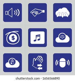 Set of 9 icons such as volume, loud, music, sound, speaker, audio, love, te amo, hand holding