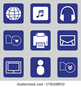 Set von 9 Icons wie world, globe, sign, wifi internet, internet, network, mp3, note, music