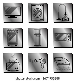 Set of 9 icons, symbols and images of household appliances in a in high tech, metal and steel style. Vector square orientation. For shops, advertising, banners, prints, cards, web sites.