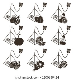 Set of 9 icons of tea bags-pyramids with different flavors of berries, fruits and herbs.