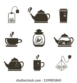 Set of 9 icons for tea drinking. Dishes and various teas. Vector icons.