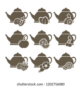 Set of 9 icons of teapots with different flavors or flavors of tea. Vector icons on white background.