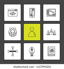 Set of 9 icons, for web, internet, mobile apps, interface design: business, finance, shopping, communication, fitness, computer, media, transportation, travel, easter, christmas, summer, device