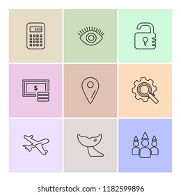 Set of 9 icons, for web, internet, mobile apps, interface design: business, finance, shopping, communication, fitness, computer, media, transportation, travel, easter, christmas, summer, device
