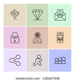 Set of 9 icons, for web, internet, mobile apps, interface design: business, finance, shopping, communication, fitness, computer, media, transportation, travel, easter, christmas, summer, device