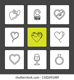 Set of 9 icons, for web, internet, mobile apps, interface design: business, finance, shopping, communication, fitness, computer, media, transportation, travel, easter, christmas, summer, device
