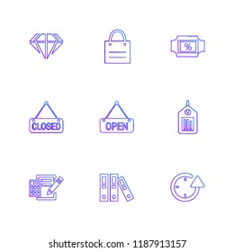 Set of 9 icons, for web, internet, mobile apps, interface design: business, finance, shopping, communication, fitness, computer, media, transportation, travel, summer, device