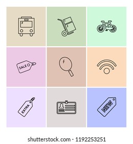 Set of 9 icons, for web, internet, mobile apps, interface design: business, finance, shopping, communication, fitness, computer, media, transportation, travel, easter, christmas, summer, device