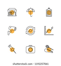 Set of 9 icons, for web, internet, mobile apps, interface design: business, finance, shopping, communication, fitness, computer, media, transportation, travel, easter, christmas, summer, device