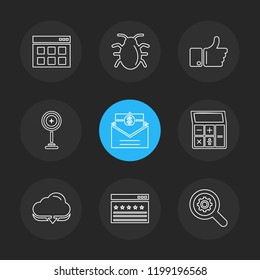 Set of 9 icons, for web, internet, mobile apps, interface design: business, finance, shopping, communication, fitness, computer, media, transportation, travel, easter, christmas, summer, device