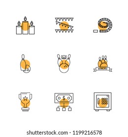 Set of 9 icons, for web, internet, mobile apps, interface design: business, finance, shopping, communication, fitness, computer, media, transportation, travel, easter, christmas, summer, device