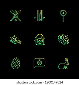 Set of 9 icons, for web, internet, mobile apps, interface design: business, finance, shopping, communication, fitness, computer, media, transportation, travel, easter, christmas, summer, device
