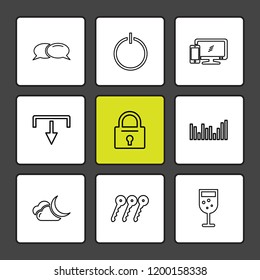 Set of 9 icons, for web, internet, mobile apps, interface design: business, finance, shopping, communication, fitness, computer, media, transportation, travel, easter, christmas, summer, device