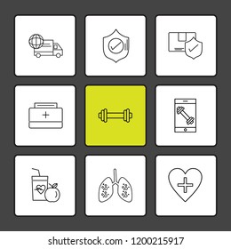 Set of 9 icons, for web, internet, mobile apps, interface design: business, finance, shopping, communication, fitness, computer, media, transportation, travel, easter, christmas, summer, device