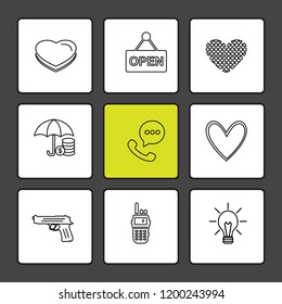 Set of 9 icons, for web, internet, mobile apps, interface design: business, finance, shopping, communication, fitness, computer, media, transportation, travel, easter, christmas, summer, device