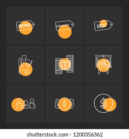 Set of 9 icons, for web, internet, mobile apps, interface design: business, finance, shopping, communication, fitness, computer, media, transportation, travel, easter, christmas, summer, device