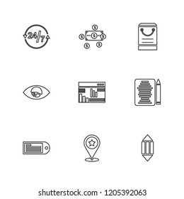 Set of 9 icons, for web, internet, mobile apps, interface design: business, finance, shopping, communication, fitness, computer, media, transportation, travel, easter, christmas, summer, device